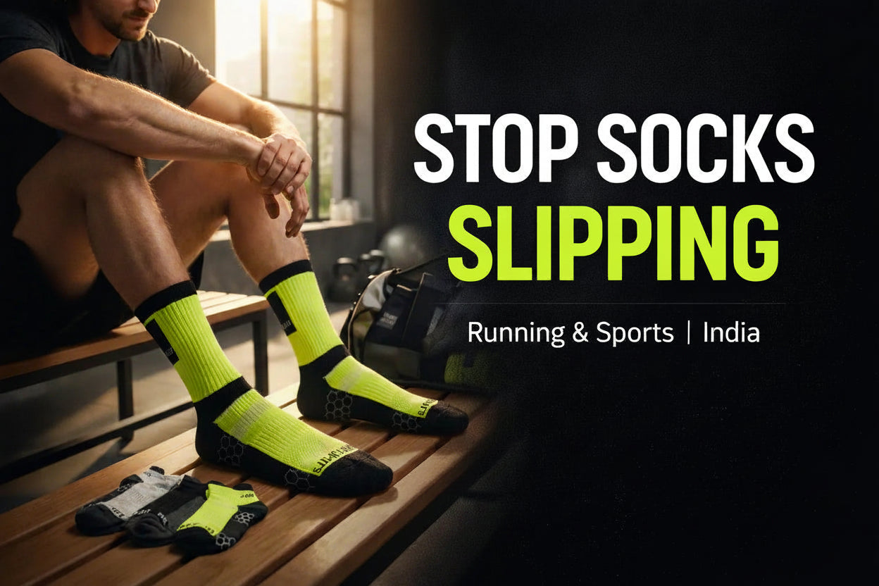 Person wearing bright green socks with text promoting running and sports products in India.